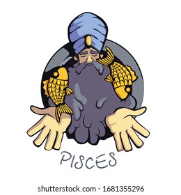 Pisces zodiac sign man flat cartoon vector illustration. Astrological symbol personality, Indian guru meditating. Ready to use 2d character for commercial, printing design. Isolated concept icon