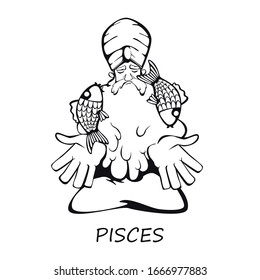 Pisces zodiac sign man outline cartoon vector illustration. Indian guru meditating. Ready to use 2d character template for commercial, animation, printing design. Isolated comic hero
