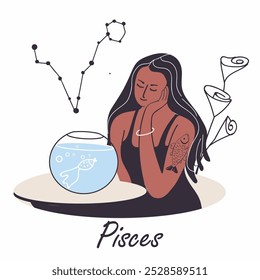 Piscis, signo del zodiaco. Chica moderna, personaje femenino. Avatar de astrología de moda para el horóscopo. Mujer con el tatuaje del pez, acuario, astrología. Ilustración vectorial plana, dibujada a mano, plana.