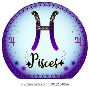 Pisces zodiac sign. Moon sign label. Astrology sign. Horoscope vector. Vedic sign title. Astrology sticker. Astronomy badge. Stock illustration. Purple magical globe. Stars and patterns.