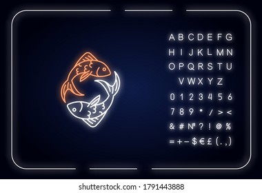 Pisces zodiac sign neon light icon. Outer glowing effect. Horoscope fish, Astrological birth sign with alphabet, numbers and symbols. Two swimming fishes vector isolated RGB color illustration