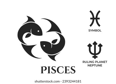 pisces zodiac sign. neptune ruling planet symbol. horoscope and astrology icons. isolated vector image