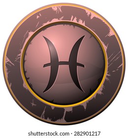 Pisces Zodiac Sign on an Ancient Round Grunge Stone, Vector Illustration isolated on White Background, Item 12 from a Set of 12.