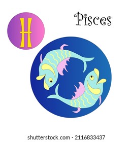 Pisces zodiac sign on a blue background and the image of the sign on a purple background