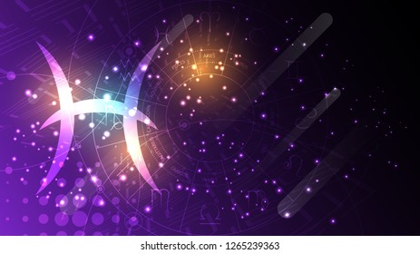 Pisces Zodiac sign on dark sky background