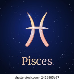 Pisces zodiac sign on dark blue starry sky. Pisces symbol. Astronomy, astrology, horoscope. Cosmos. Twelfth zodiac sign - the ruler planet Neptune. Element - Water. The Fish. Vector illustration