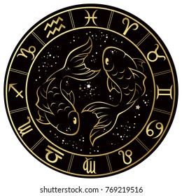 Piscis. Signo Zodiac sobre un fondo oscuro en un marco dorado con estrellas. Ilustración vectorial.