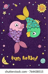 Pisces zodiac sign on night sky background with stars, sun, moon and planets. Cartoon illustration for calendars, greeting cards, birthday and other holiday