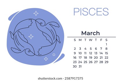 Pisces zodiac sign, one continues line, two fishes horoscope element water, hand drawn illustration with march calendar for poster, astrology banner