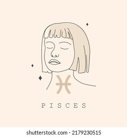 Pisces zodiac Schild. Eine Zeichnung. Astrologisches Symbol mit abstraktem weiblichem Gesicht. Mysteriöse und esoterische Umriss-Logo. Horoskop-Symbol. Lineare Vektorgrafik im minimalistischen Stil.