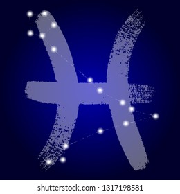 Pisces. Zodiac sign pictogram. Calligraphic zodiac signs. Sign and constellation. Brush hand drawn.  