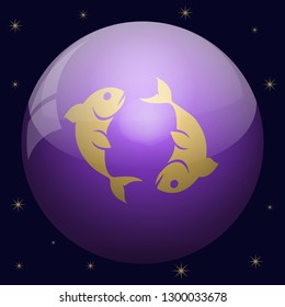 Pisces zodiac sign in the purple sphere. Isolated on black background with stars.