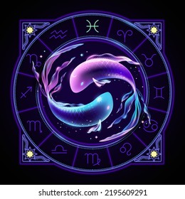 Pisces zodiac sign represented by two fish swimming in opposite directions. Neon horoscope symbol in circle with other astrology signs sets around.