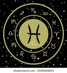 Piscis zodiac Iniciar sesión un circulo estrellado, rodeado de todos los signos del zodiaco. Perfecto para temas de astrología, imágenes de horóscopo y diseños celestiales. Fondo cósmico oscuro. Ideal para uso digital o impreso