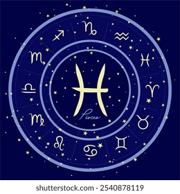 Piscis zodiac Iniciar sesión un circulo estrellado, rodeado de todos los signos del zodiaco. Perfecto para temas de astrología, imágenes de horóscopo y diseños celestiales. Fondo cósmico azul oscuro.