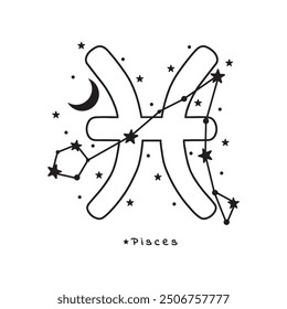 Pisces zodiac sign, stars, moon, on white background, boho vector art