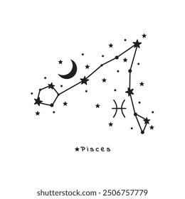 Signo del zodiaco de Piscis, estrellas, luna, sobre fondo blanco, Arte vectorial boho