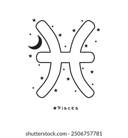 Signo del zodiaco de Piscis, estrellas, luna, sobre fondo blanco, Arte vectorial boho