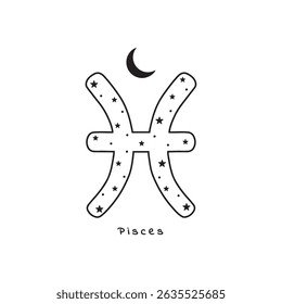 Pisces zodiac sign with stars and moon, vector art
