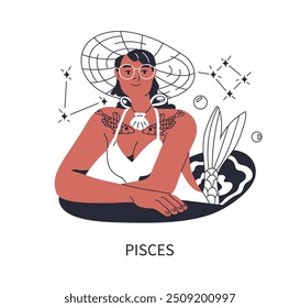 Peixes, signo do zodíaco. Moça moderna na moda, personagem feminina. Avatar astrológico elegante para horóscopo. Mulher com tatuagem de peixe, astrologia. Ilustração de vetor plano isolada no plano de fundo branco