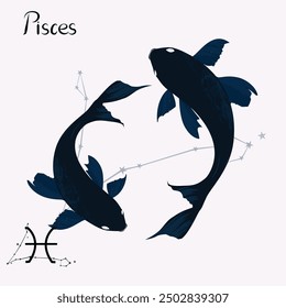 Signo del zodiaco de Piscis, dos siluetas de peces con la constelación y su nombre "Piscis" sobre un fondo blanco, Ilustración vectorial
