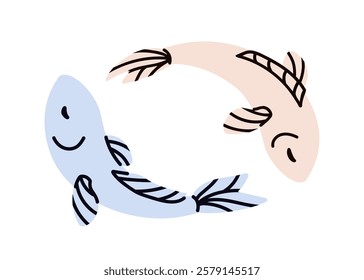 Pisces, zodiac sign with two fishes swimming. Balance, harmony, duality, perpetual motion concept. Astrology symbol. Yin and yang, couple, pair. Flat vector illustration isolated on white background