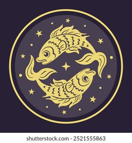 Fische Zodiac unterzeichnen eine einzigartige künstlerische Darstellung, die seine verschiedenen Aspekte und Bedeutungen erforscht. Astrologische Zeichen, Himmelsobjekte, Astrologie, Mystik, Raum, Vorhersage der Zukunft