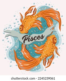 Pisces. Zodiac sign. Vector isolated composition with lettering on light background. Horoscope concept. Two golden fishes swimming in a water.