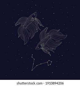 Pisces zodiac sign white symbol on black background with stars. Abstract astrological sign pisces