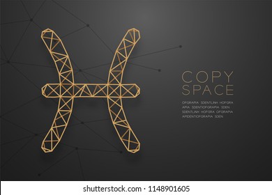 Pisces Zodiac sign wireframe Polygon golden frame structure, Fortune teller concept design illustration isolated on black gradient background with copy space, vector eps 10