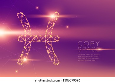 Pisces Zodiac sign wireframe polygon futuristic bokeh light frame structure and lens flare, Fortune teller concept design illustration isolated on purple gradients background with copy space