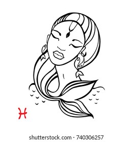 Pisces. Zodiac signs collection. Beautiful Ink fashion zodiac girl. Horoscope series. Vector illustration