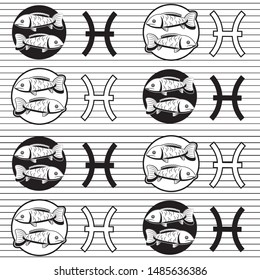 Pisces zodiac signs seamless pattern on a white striped background. Vector image. esp 10