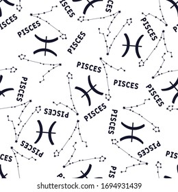 Pisces zodiac estampa sin fisuras. Repetir Pisces signo con estrellas en un fondo blanco. 
diseño textil, papel pintado, tela, decoración, ropa, rayado.