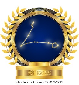 Pisces Zodiac Stellar Glowing Star Constellation Horoscope Astrology Fortune-Telling and Future Prediction, Water Element on Classic Golden Olive Wreath Trophy Icon Vector Design Illustration.