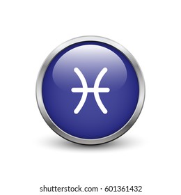 Pisces zodiac symbol, blue button with metal frame and shadow