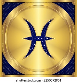 Pisces Zodiac Symbol, Classic Luxury Golden Greek Meander, Stellar Star Sign, Horoscope Astrology Fortune-Telling and Future Prediction, Element Badge Icon Vector Design Illustration.