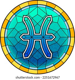 Pisces Zodiac Symbol, Classic Stained Glass Church Window Frame, Horoscope Astrology Fortune-Telling and Future Prediction, Water Element Badge Icon Vector Design Illustration.