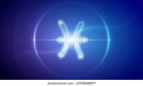 Pisces Zodiac Symbol Futuristic Hologram Neon Glow Cybernetic Digital Translucent Horoscope, Astrology and Fortune-Telling Backdrop Background Illustration
