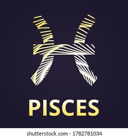 Pisces zodiac symbol, gold icon with inscription. Horoscope. Vector illustration
