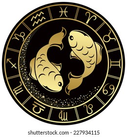 Pisces Zodiac symbol in the Golden round frame. Vector illustration.