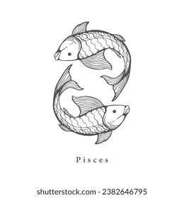 Pisces zodiac symbol, hand drawn in engraving style. Vector illustration of astrological sign Fishes.