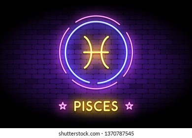 The Pisces zodiac symbol, horoscope sign in trendy neon style on a wall. Pisces astrology sign with light effects for web or print.