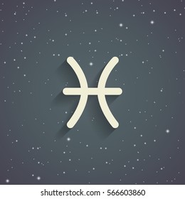 Pisces zodiac symbol, zodiac icon on the background of gray starry sky