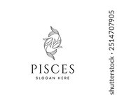 Pisces zodiac symbol logo with fish icon in line art design style