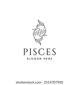 Pisces zodiac symbol logo with fish icon in line art design style