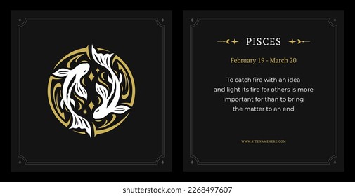 Pisces zodiac symbol lunar calendar data description vintage black card design template set vector illustration. Fishes astrology horoscope mythology celestial impression ornate fortune prediction