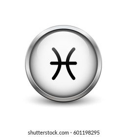 Pisces zodiac symbol, white button with metal frame and shadow