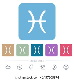 Pisces zodiac symbol white flat icons on color rounded square backgrounds. 6 bonus icons included