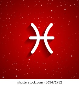 Pisces  zodiac symbol, white zodiac icon on the background of red starry sky